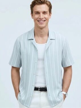 Men’s Madewell Striped Light Blue Short Sleeve Shirt Sz Large
